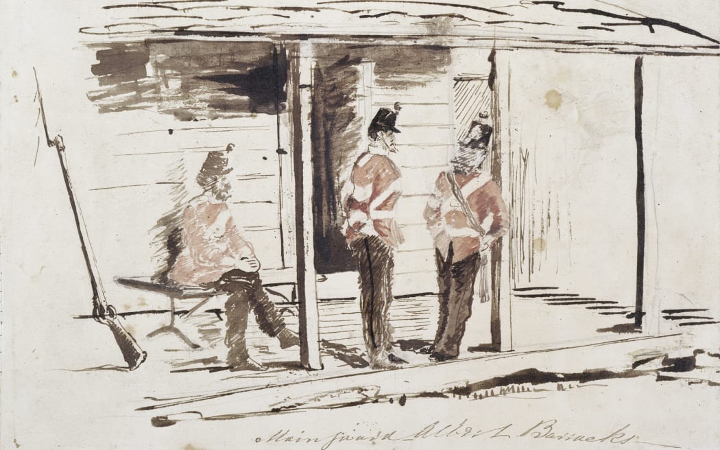 Watercolour sketch by Thomas Matravers of 3 guards at Albert Barracks (c.1863-1868). Sir George Grey Special Collections, Auckland Libraries, 3-137-26a