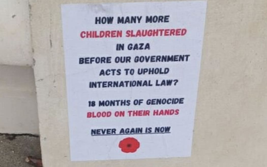 Vandalism at the fountain in Mission Bay on Anzac Day, with posters by Gaza protesters.