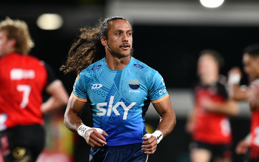 Moana Pasifika's Ereatara Enari is seen during the Super Rugby Pacific match between Crusaders and Moana Pasifika at Orangetheory Stadium in Christchurch on April 7, 2023. (Photo by Sanka VIDANAGAMA / AFP)