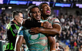 Leka Halasima of the Warriors celebrates his try with Ali Leiataua of the Warriors, New Zealand Warriors v Brisbane Broncos.