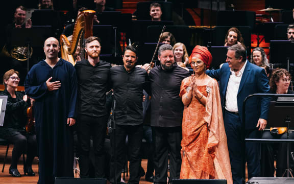 From left, vocalist Abdelilah Rharrabti, saz player Liam Oliver, vocalist and daf player Esmail Fathi, oud player Kyriakos Tapakis, vocalist Oum and composer John Psathas at the Michael Fowler Centre in Wellington 9 March 2024