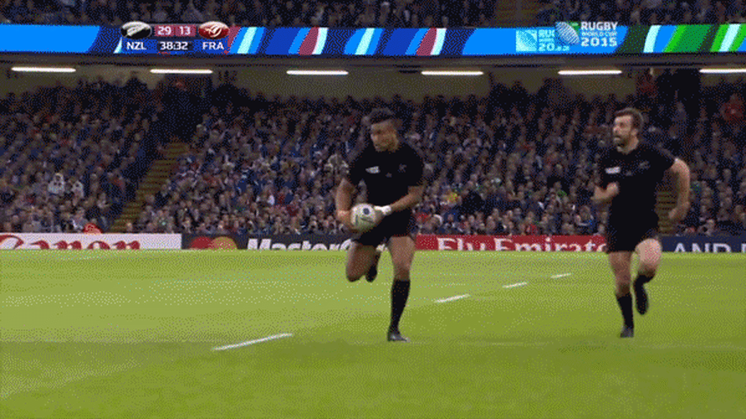 All Black Brodie Retallick urges teammate Julian Savea to the scoreline during the Rugby World Cup quarter-final against France on 17 October 2015.