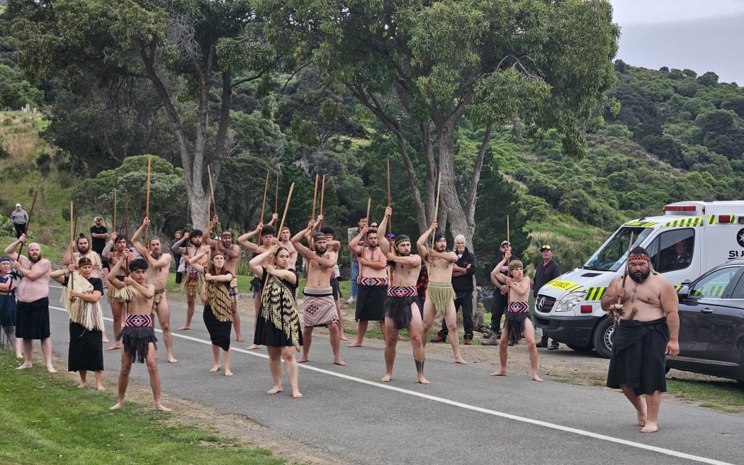 Prime Minister Christopher Luxon arrives to be welcomed on to Ōnuku Marae.