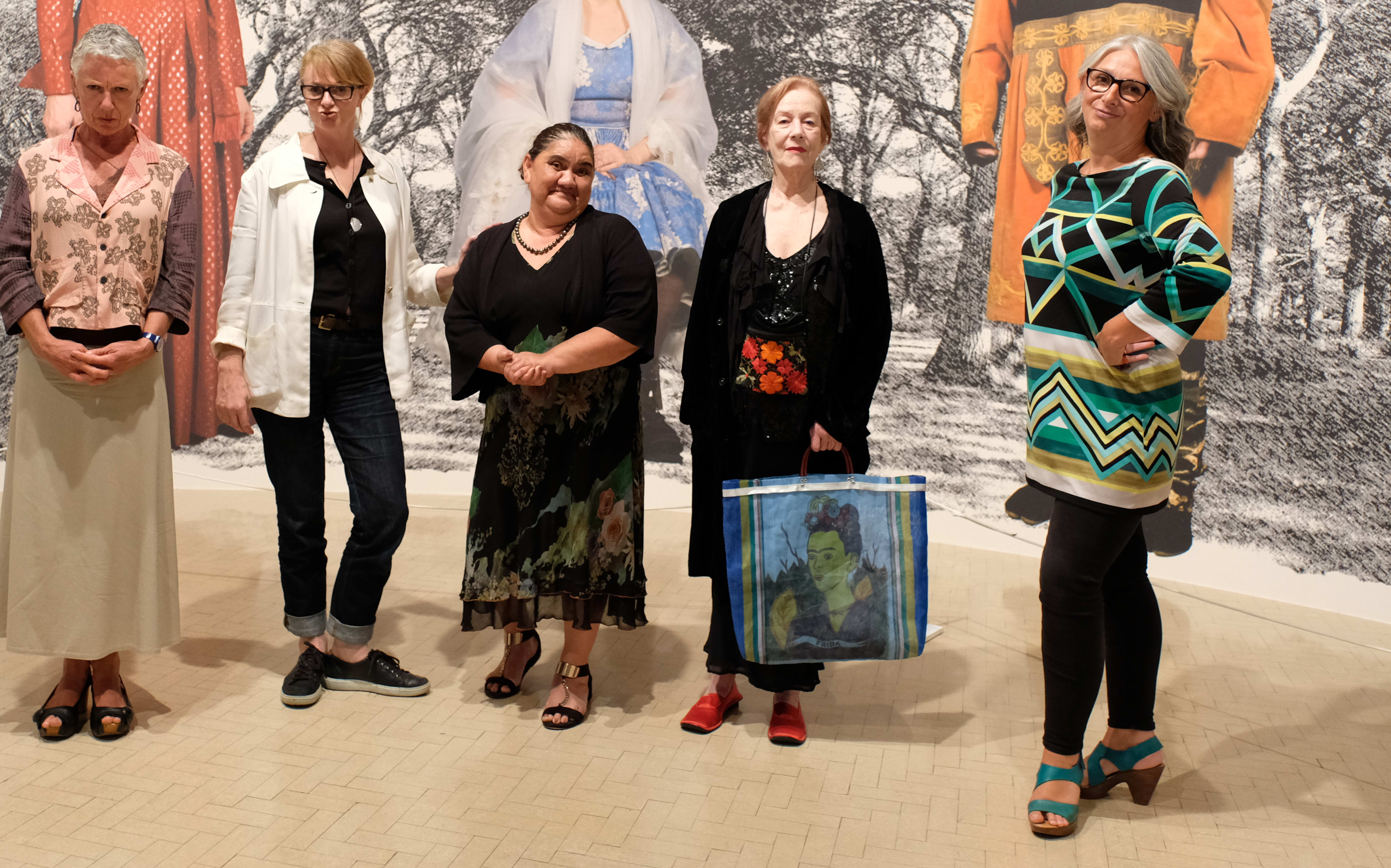 Kim Hill, Miranda Harcourt, Dr Ella Henry, Jacqueline Fahey, Dr Claire Robinson, in front of Cindy Sherman's work.