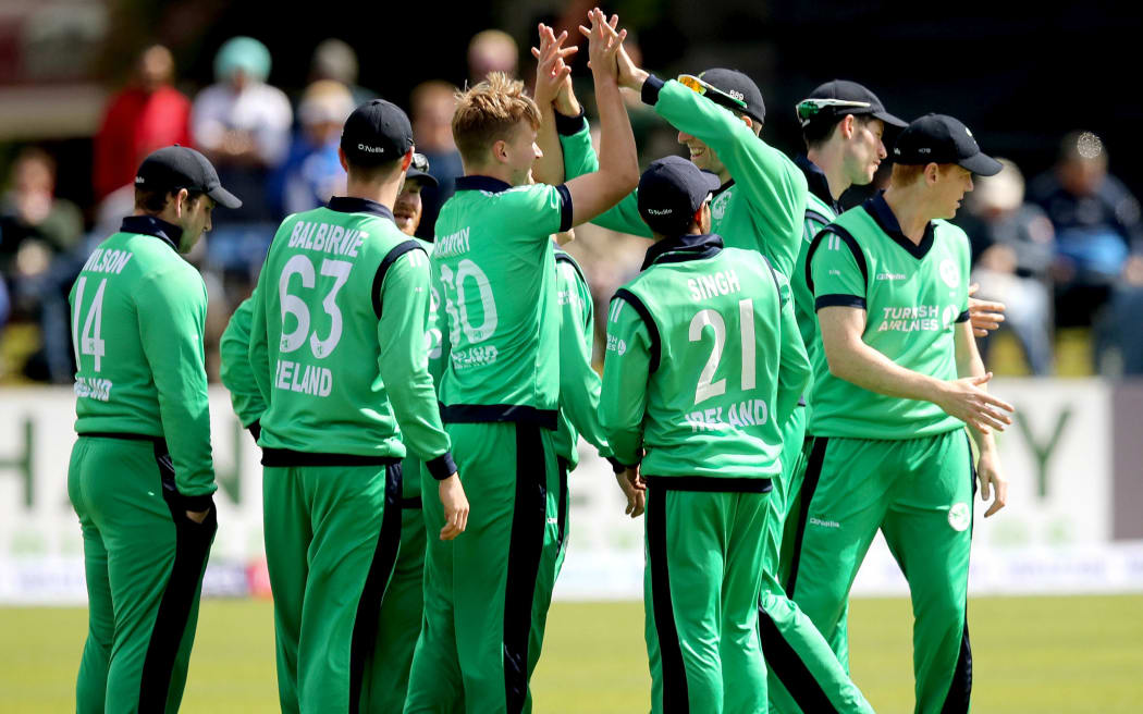 The Ireland Cricket Team celebrate during a One Day international against New Zealand.