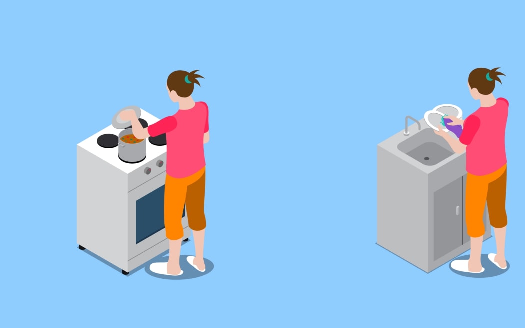 Isometric icons set with housewife during home cleaning, cooking, child care on blue background isolated vector illustration