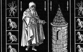 A black-and-white medieval-style illustration with a man in a robe standing next to a tower.