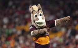 BRISBANE, AUSTRALIA - MAY 17: The Broncos mascot gestures during the round 11 NRL match between Manly Sea Eagles and Brisbane Broncos at Suncorp Stadium, on May 17, 2024, in Brisbane, Australia. (Photo by Hannah Peters/Getty Images)
