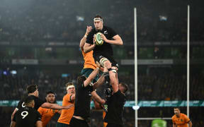 All Blacks player Brodie Retallick wins a line out ball during the Bledisloe Cup match against the Wallabies in Melbourne on 15 September, 2022.
