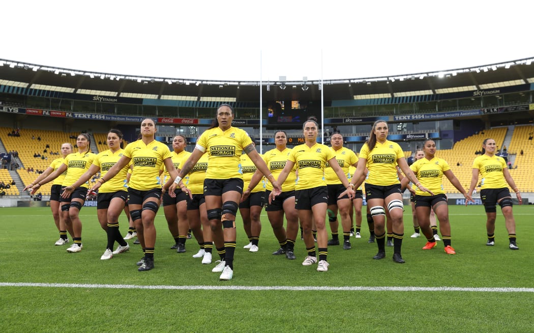 WELLINGTON, NEW ZEALAND - MARCH 09: Hurricanes Poua perform a haka during the round two Super Rugby Aupiki match between Hurricanes Poua and Matatu at Sky Stadium on March 09, 2024 in Wellington, New Zealand. (Photo by Hagen Hopkins/Getty Images)