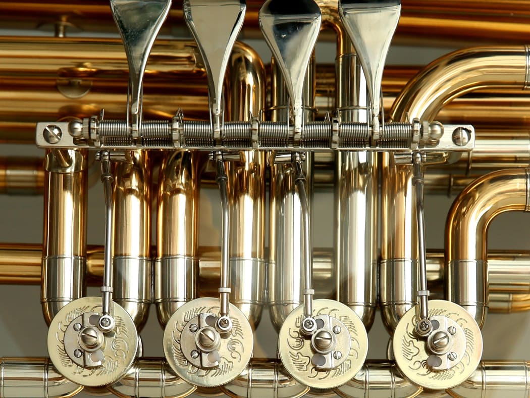 Close up of the valves of a tuba