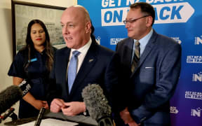 National Party leader Christopher Luxon (centre) and Shane Reti (right) announce new health targets in the Auckland suburb of Grey Lynn on 10 September 2023.