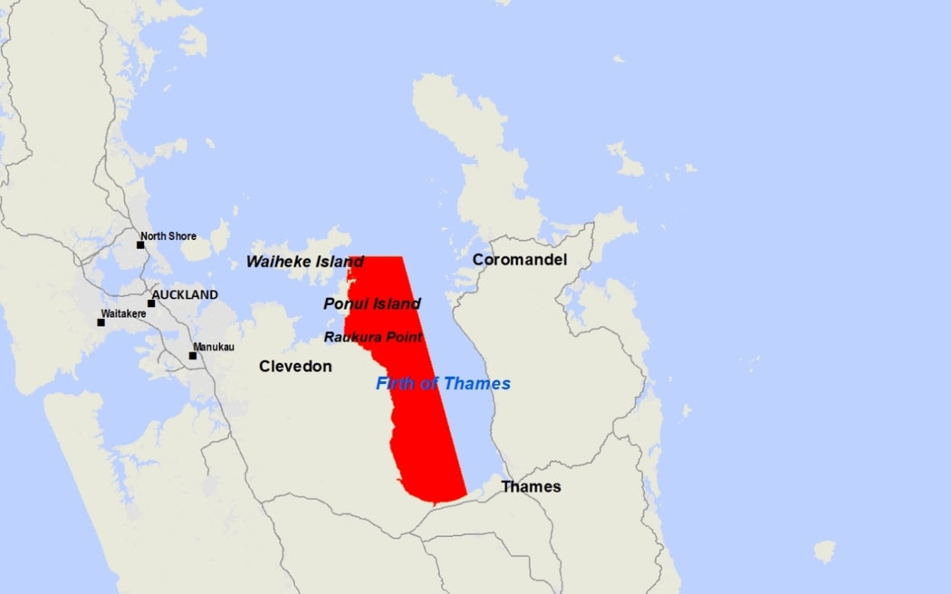 Affected area from the mouth of the Waitakaruru River up to Pakatoa Island and across to the mid-point of the Firth.
