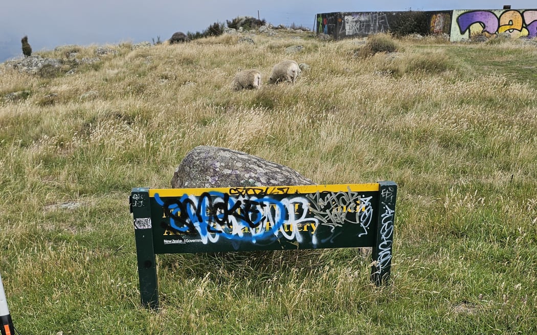 A graffitied sign