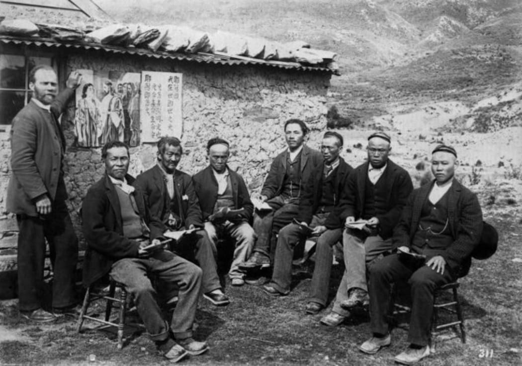 Chinese gold miners and Reverend Alexander Don at the Kyeburn diggings, Otago