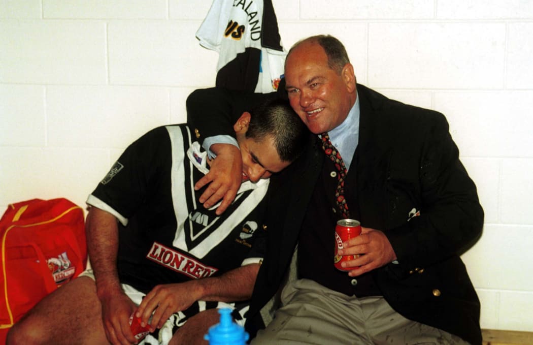 Kiwis halfback Stacey Jones gets a hug from coach Frank Endacott after winning the 1996 series between New Zealand and Great Britain.