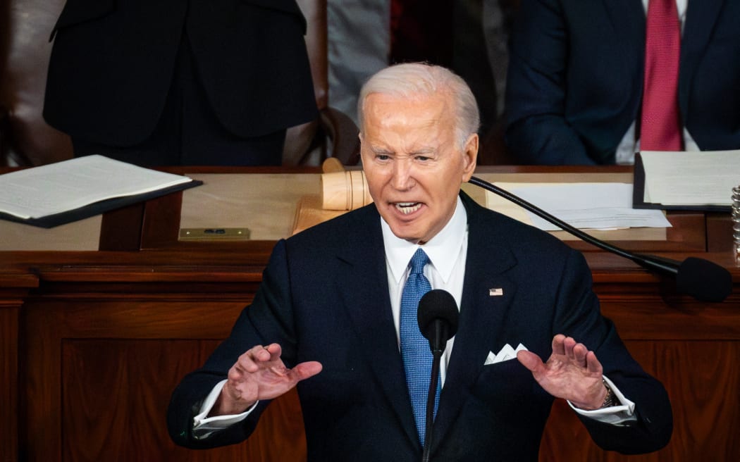 President Joe Biden delivers the annual State of the Union address to a joint session of Congress at the U.S. Capitol, Washington, DC, March 7, 2024. (Photo by Allison Bailey/NurPhoto) (Photo by Allison Bailey / NurPhoto / NurPhoto via AFP)