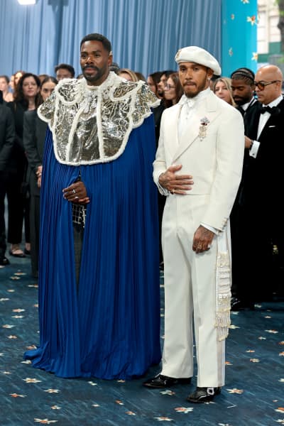 NEW YORK, NEW YORK - MAY 05: (L-R) Met Gala co-chairs Colman Domingo and Lewis Hamilton attend the 2025 Met Gala Celebrating "Superfine: Tailoring Black Style" at Metropolitan Museum of Art on May 05, 2025 in New York City.
