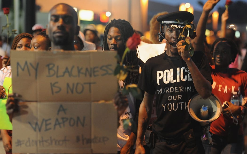 A demonstrator during a protest in Ferguson.
