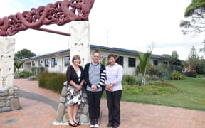 Opotiki District Council Planning Manager Barbara Dempsey, artist Te Mete and councillor Lyn Riesterer.