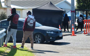 Mongrel Mob members at the Puriri Street cordon
