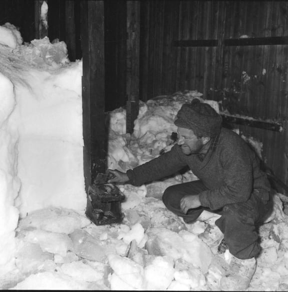 Baden Norris inside Scott's Hut, 1963-64.