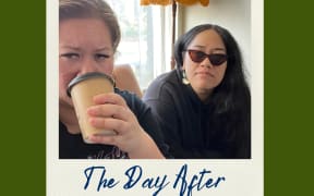 A close up of our hosts Jaimee and Maria. Jaimee is in the foreground drinking a takeout coffee. Maria is behind her wearing dark glasses. A 70s style lamp is visible behind them. The image is bordered by green 70s colouring and it has the caption: ''The Day After''