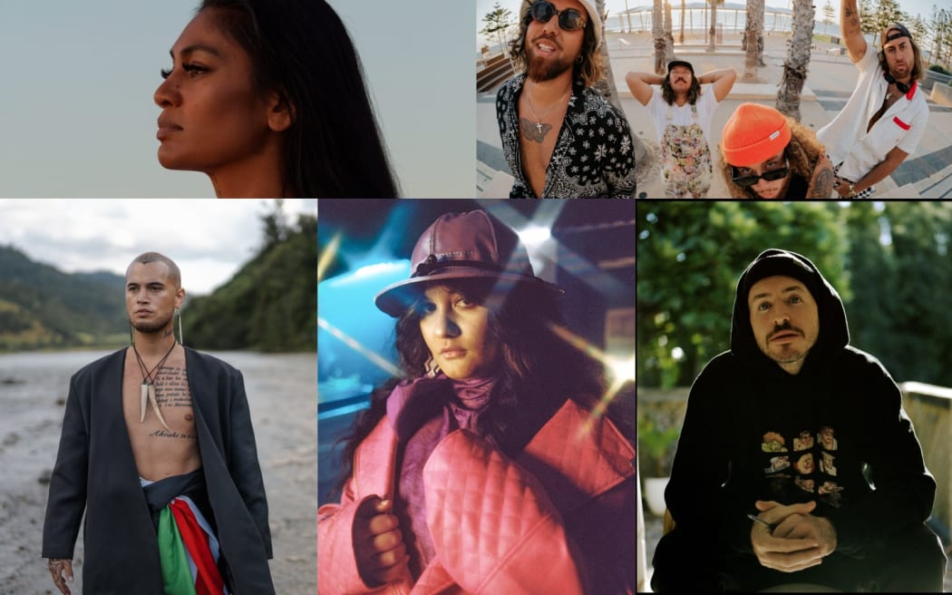 A selection of finalists in the 2024 Aotearoa Music Awards, clockwise from top left, Aaradhna, COTERIE, Tom Scott, Jordyn with a Why, Stan Walker.