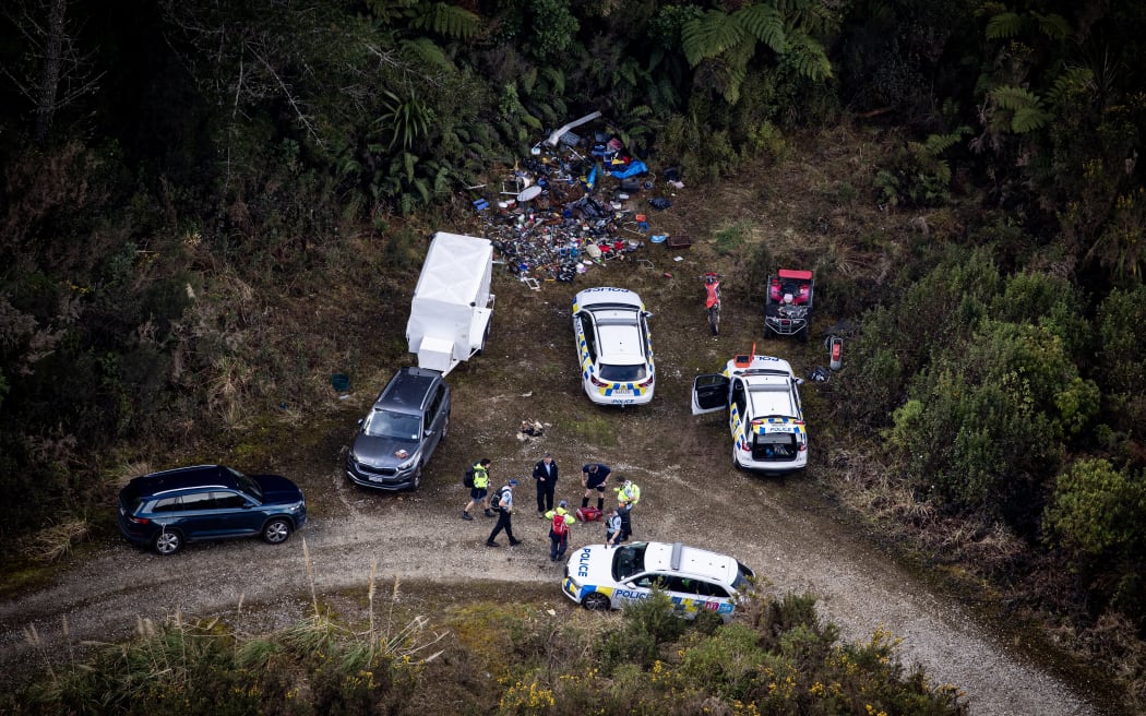 WAITOMO, NEW ZEALAND - SEPTEMBER 11: Police at the location of one of the campsites just off the Te Anga Road near Waitomo where Tom Phillips and his children had been hiding for the last four years. Tom Phillips was killed after getting into an armed shootout with Police. 11 September 2025. (Photo by Dean Purcell/New Zealand Herald via Getty Images)