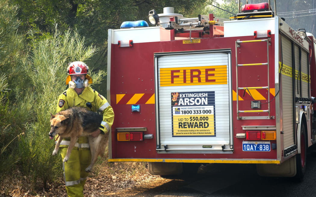 A file photo shows a firefighter responding to a bushfire in the Perth Hills and Parkerville region in Perth almost exactly one year ago, on 12 January 2014.