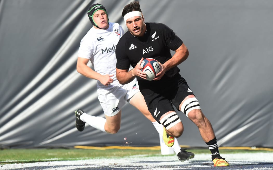 Luke Jacobson scores a try.
New Zealand All Blacks v USA in the 1874 Cup Rugby Union Test match. FedEx Field in Washington DC, USA. Saturday 23 October 2021. © Mandatory photo credit: Greg Fiume / www.photosport.nz