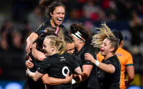 Black Ferns celebrates Ruahei Demant of the Black Ferns try during the Laurie O'Reilly Cup  rugby match, Black Ferns Vs Australia, Orangetheory Stadium, Christchurch, New Zealand, 20th August 2022. Copyright photo: John Davidson / www.photosport.nz