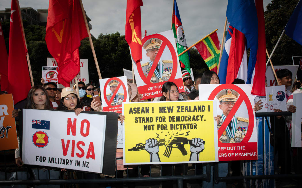 Protesters call on the government to block any Myanmar junta representatives from entering New Zealand for the ASEAN summit, on 9 April, 2024.