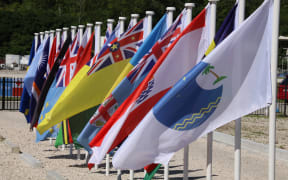 Flags of Pacific Islands nations, displayed at the 2018 Pacific Islands Forum summit.