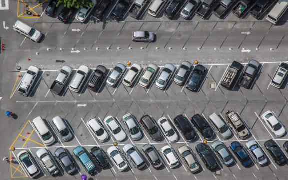 Car parking lot viewed from above, bird eye view