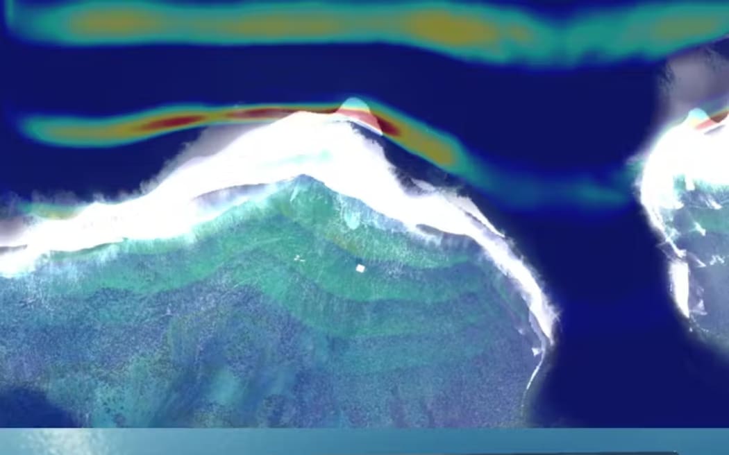 An example of the Celeris wave model simulating typical surfing conditions at Teahupo’o. The break point, peel angle and speed are able to be verified against satellite and drone imagery. (Elevation data from SHOM, satellite imagery from Airbus.) Tom Shand, CC BY-NC-SA