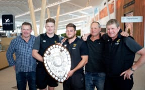 From left Kevin Barrett, Jordie Barrett, Bradley Slater, Andy Slater, Neil Barnes.   The Taranaki Mitre 10 cup team return home after winning the Ranfurly Shield from Canterbury.  20th September 2020.
