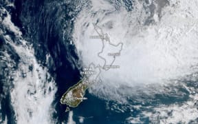 A satellite image showing Cyclone Gabrielle over New Zealand on February 13, 2023.