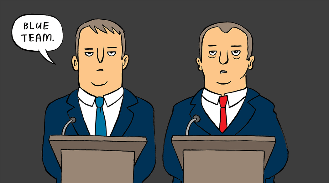 Two white men - gradually growing older - shout 'red team' and 'blue team'.