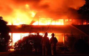 Firefighters at the Kaiapoi factory fire that broke out last night.