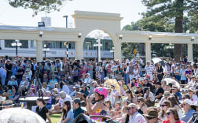 Crowds watching the shows at the Sound Shell for the Napier Art Deco Festival. Photo / Connull Lang
HBG 17Feb25 -
HBG 17Feb25 - Main image: The flyovers delighted all weekend at Napier's Art Deco Festival.Napier's Phoenix Wairau, 5, and Heaven Whare dressed to impress.Napier classic vehicle enthusiast Chris Clarke gives a wave.Rafe the dog well prepared for his ride in a 1936 Austin.