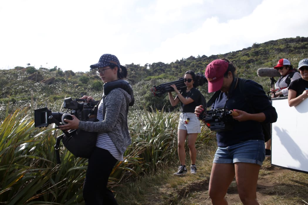 Crew filming on the Mercer Bay Loop Track - Left to Right, Director of Photography Kelly Chen, 1st Assistant Camera Nahyeon Lee, Director Ghazaleh Golbakhsh, Sound Recordist Debra Frame, Production Assistant Sara Shirazi.