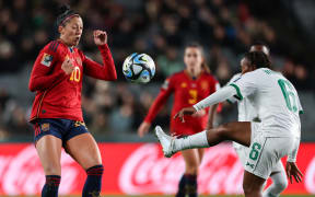 Spain’s Jennifer Hermoso reacts as Zambia's Mary Wilombe kicks. Spain v Zambia, Group Stage - Group C 2023 FIFA Women’s Football World Cup match at Eden Park, Auckland, New Zealand on Wednesday 26 July 2023. Mandatory credit: Brett Phibbs / www.photosport.nz