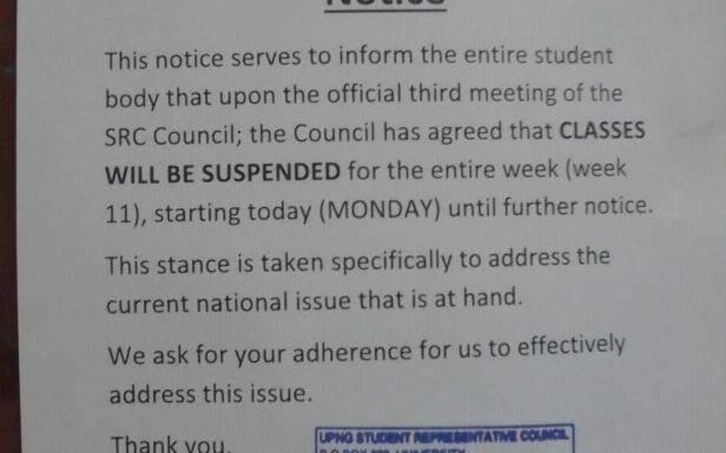 The University of PNG's Student Representative Council informed the entire student body that it decided to suspend classes for the week, Monday 2 May.