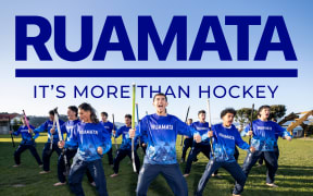 A group of teenagers in a blue sports uniform perform a haka holding hockey sticks. Text reads "Ruamata, it's more than hockey".