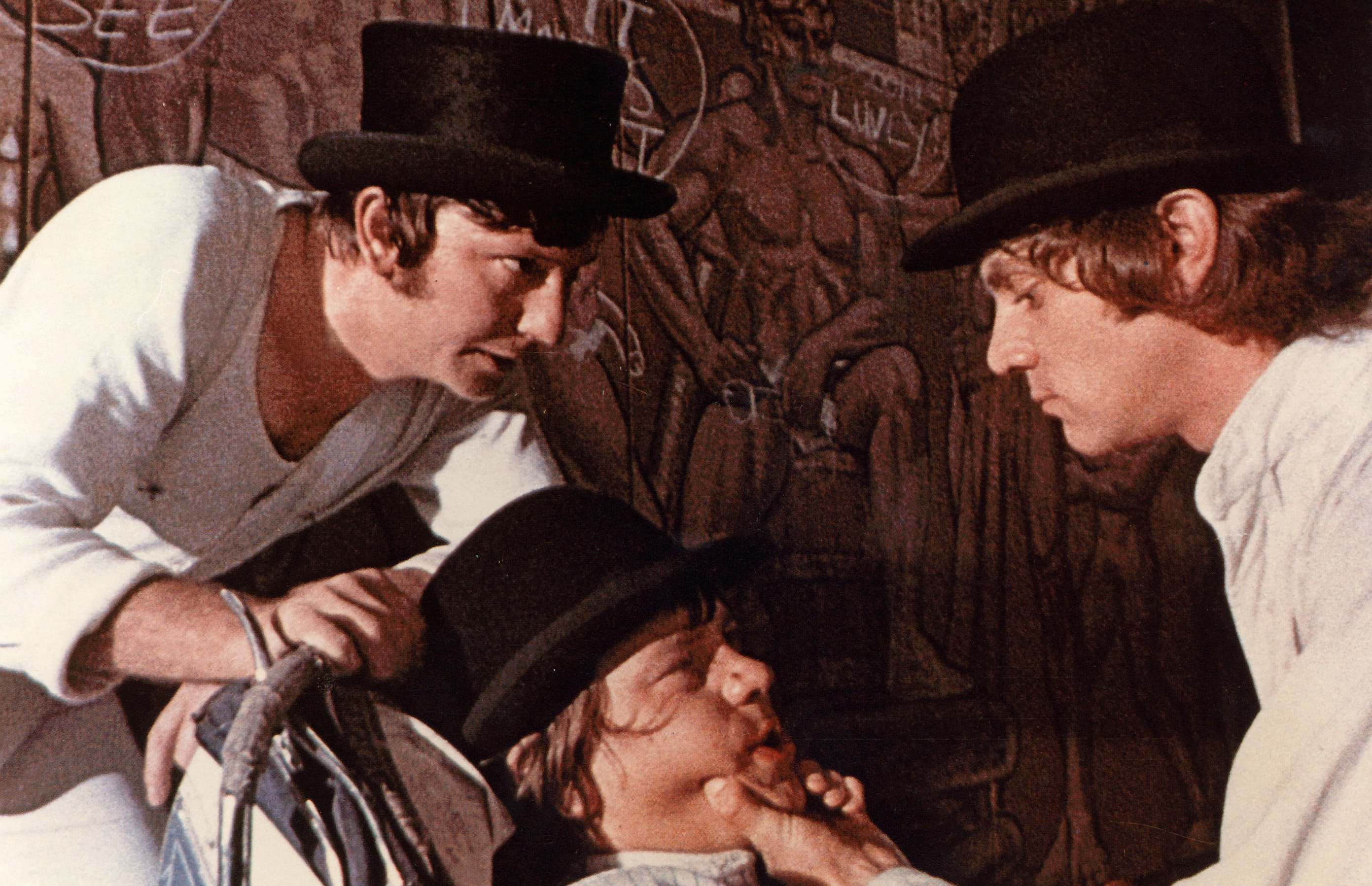 James Marcus, Warren Clarke (centre) and Malcolm McDowell in A Clockwork Orange.