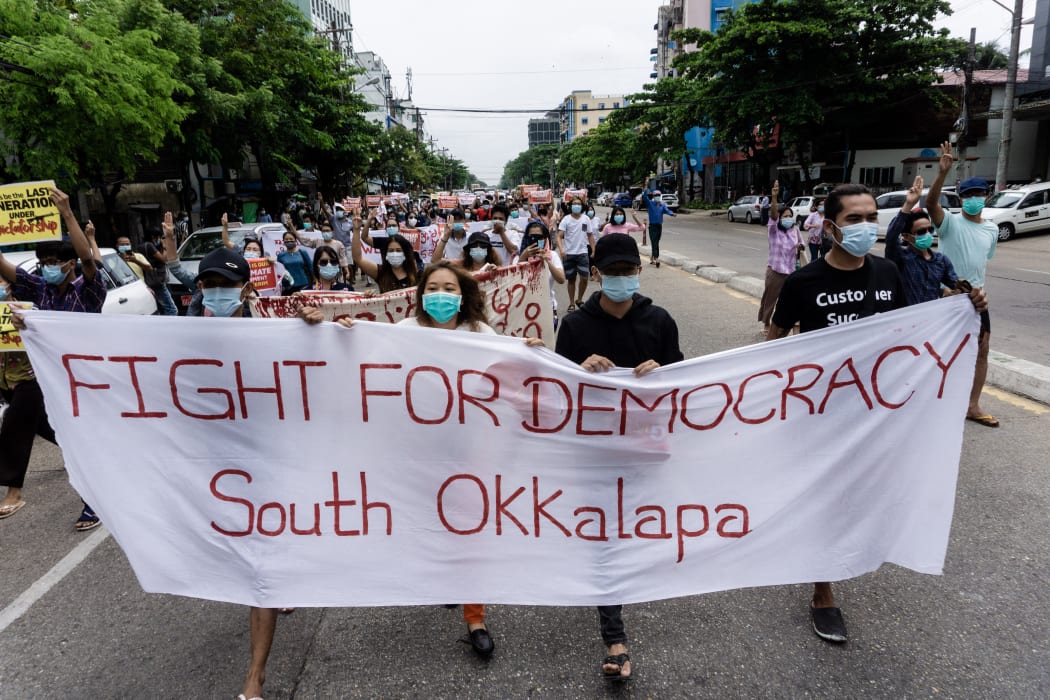 Protesters demonstrate against the military coup in Yangon, Myanmar, on 30 April.