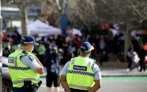 Police watch on as protestors gather in Aotea Square