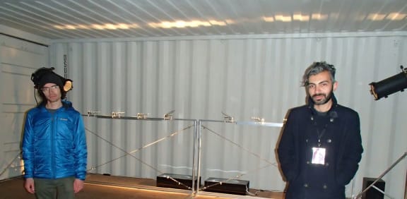 Jim Murphy (left) and Mo Zareei in front of their audiovisual kinetic sculpture θr.