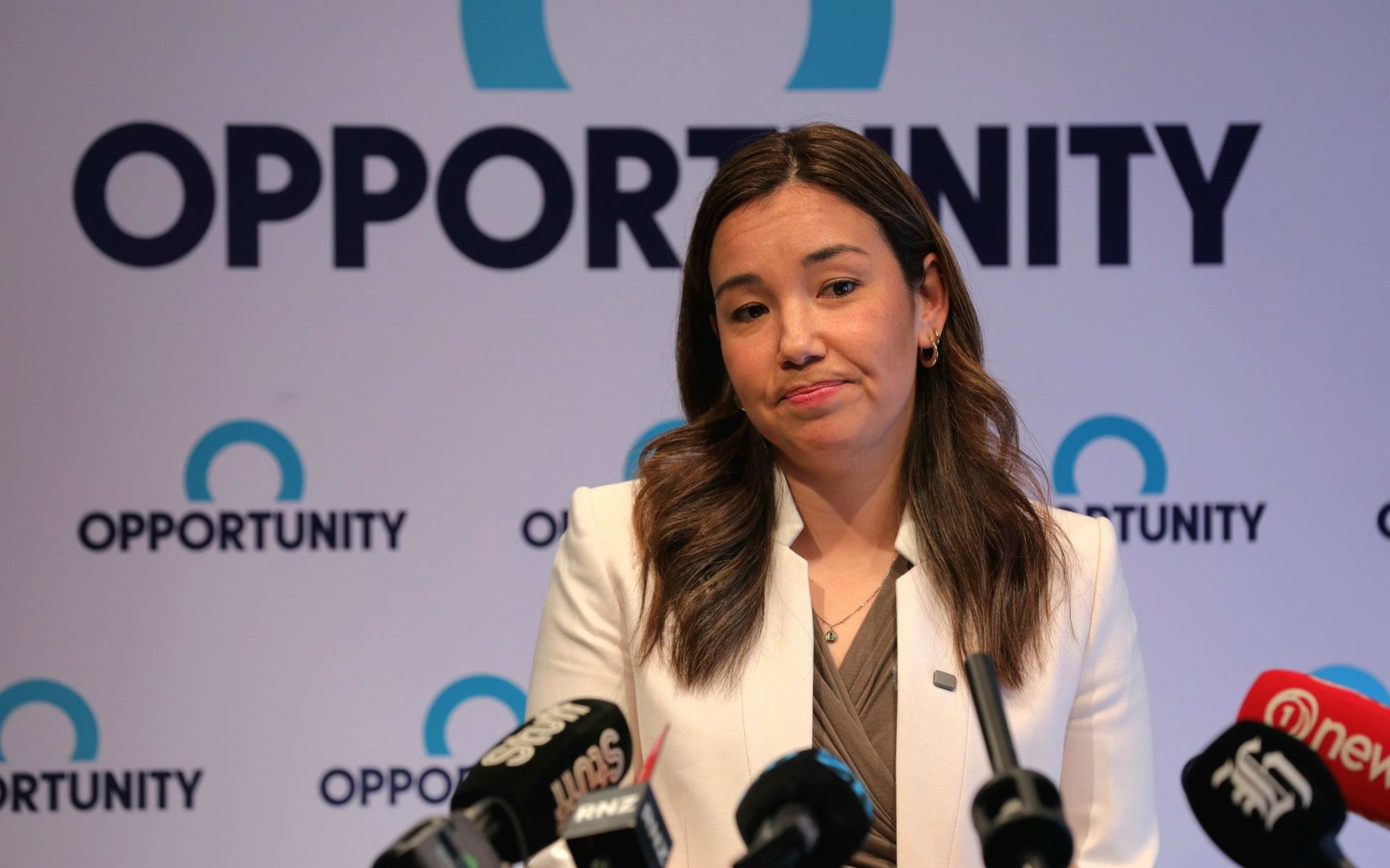 Opportunity Party leader Qiulae Wong speaks to media in Auckland.